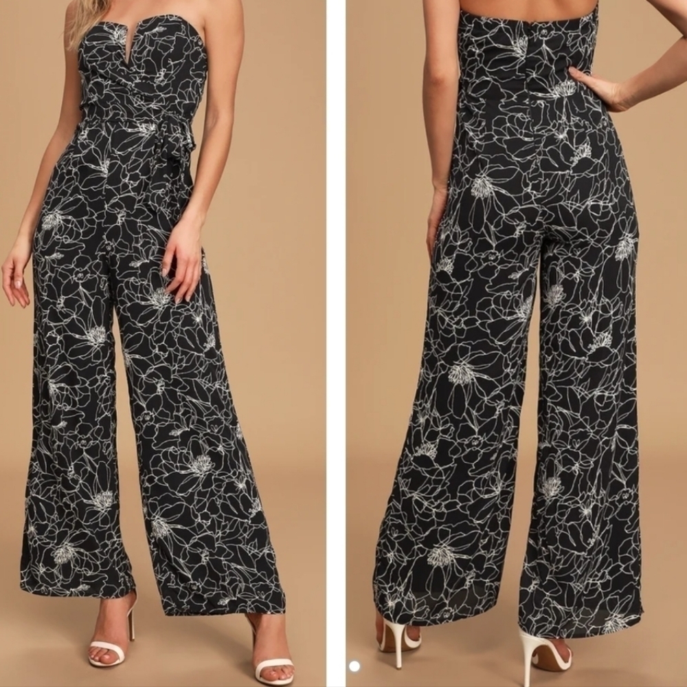 Lulu's Dancing in the Dark Black and White Print Strapless Jumpsuit Size S